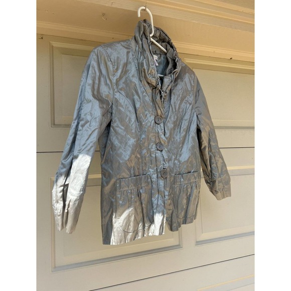 CHICOS Ruffle Collar Jacket Sophisticated Shine Safari Gray Sz 1 - Picture 7 of 7